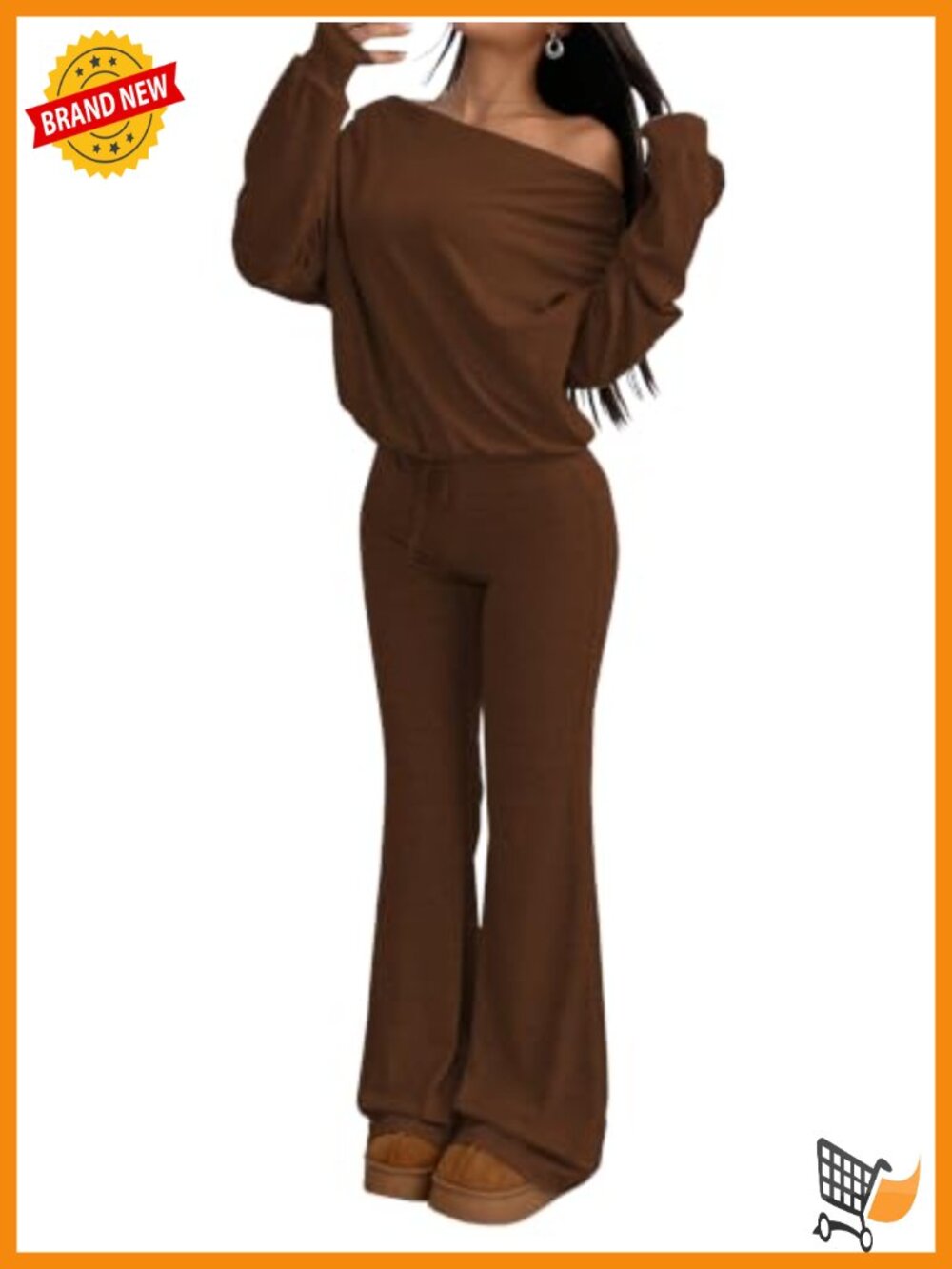 Women Off Shoulder 2 Piece Lounge Set Long Sleeve Wide Leg Pants